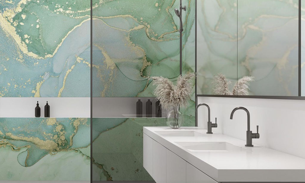 Bathroom with digital print panel wall with a picture of painted marble green