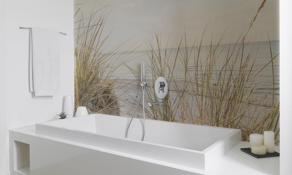Bathroom with digital print panel wall with a picture of a sunny day at the beach
