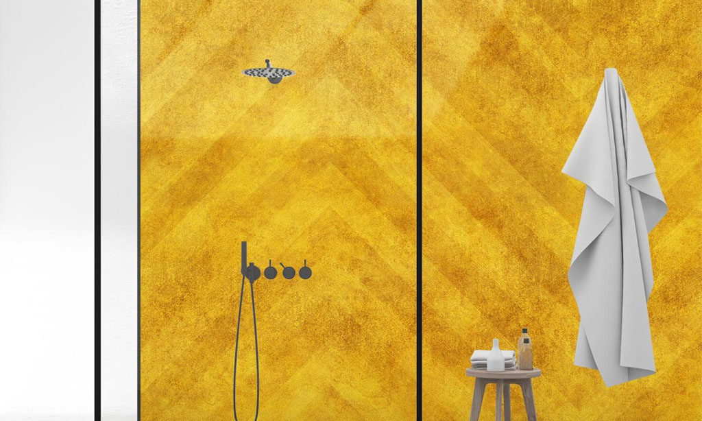 Shower with a Rough Gold Herringbone Pattern wall