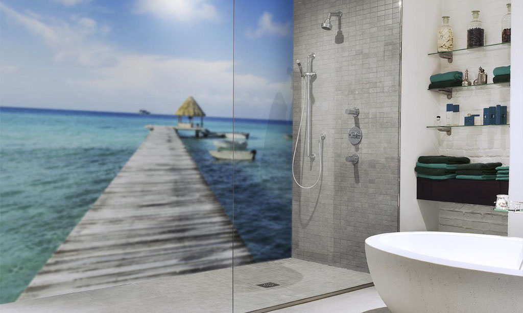 Bathroom with digital print panel wall with a picture of a tropical pier