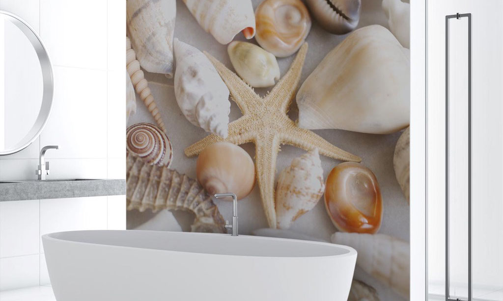Bathroom with digital print panel wall with a picture of  sea shells and starfish