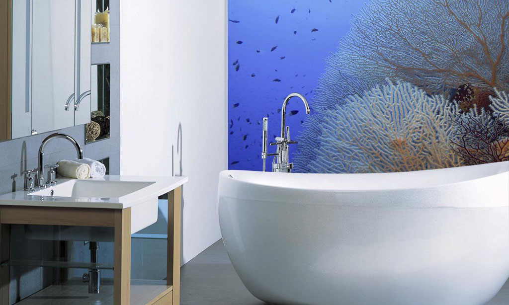 Bathroom with digital print panel wall with a picture of a  red sea coral
